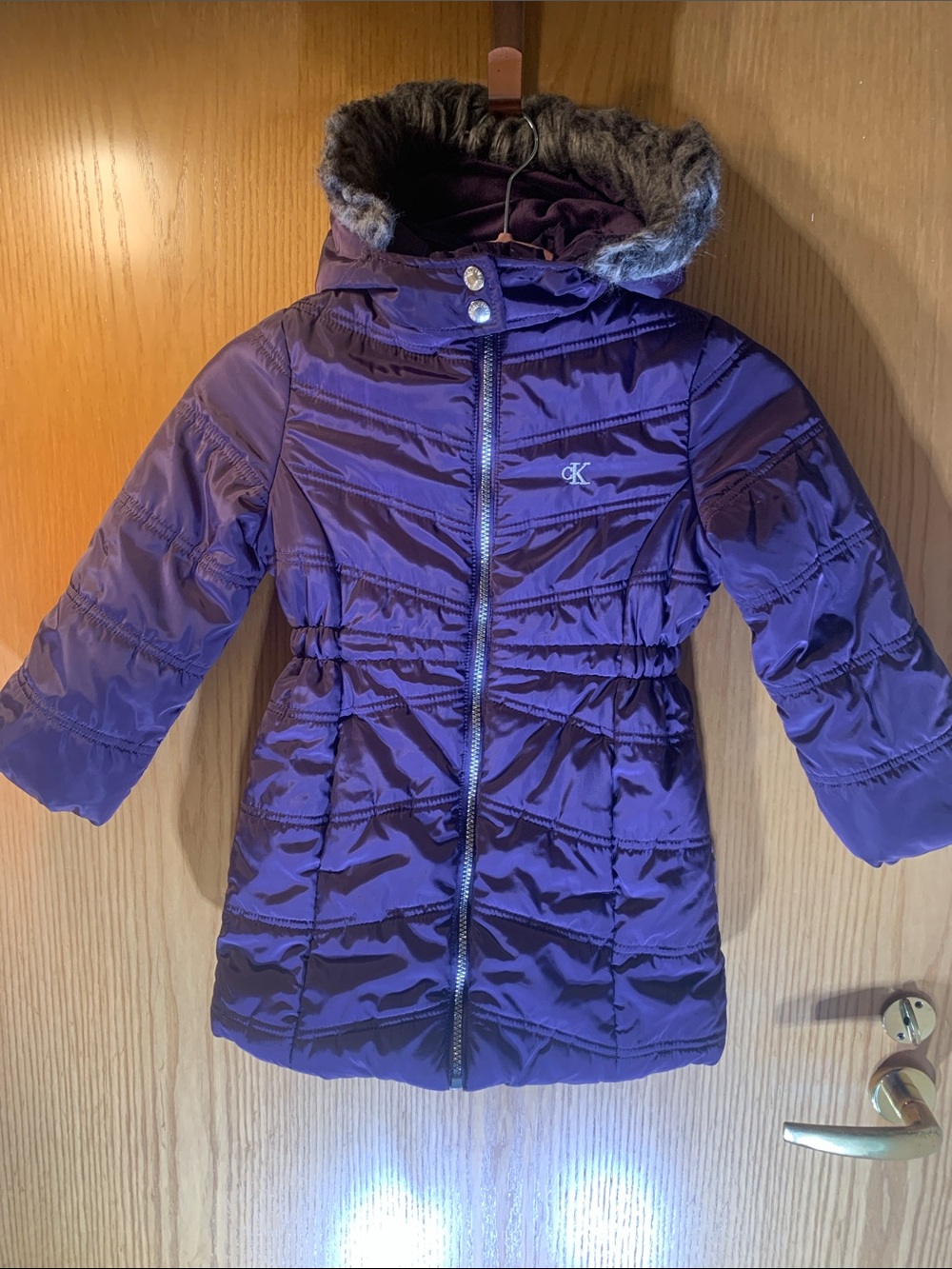 Calvin Klein Purple Girls' Quilted Puffer Coat with Faux-Fur Trim Hood - Size 5